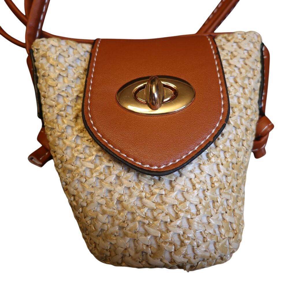 Raffia Woven Mini Crossbody Bag Turn Lock Brown Trim Straw Purse NWT - Picture 7 of 9
